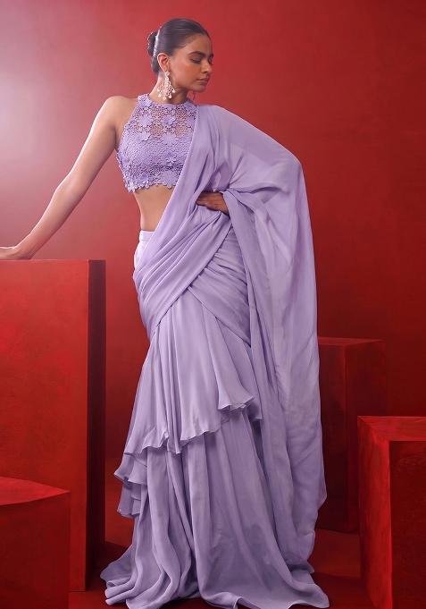 Lavender Embroidered Pre Draped Saree Set