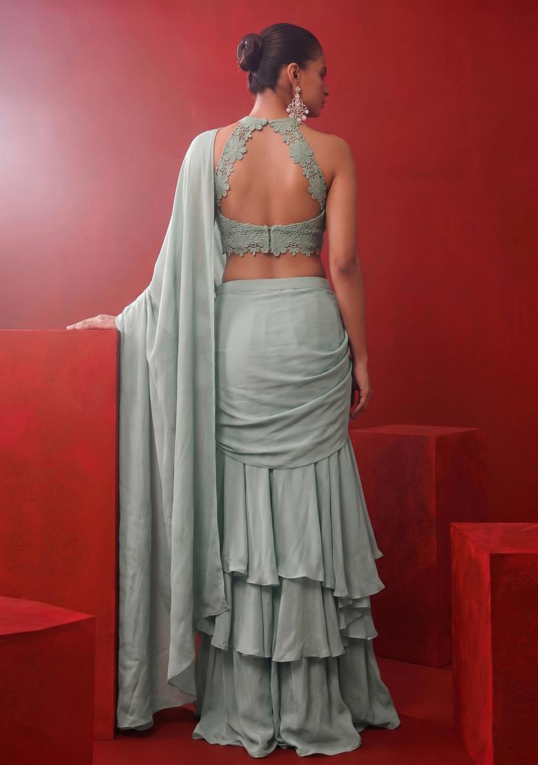 Sage Green Embroidered Pre Draped Saree Set - Indya