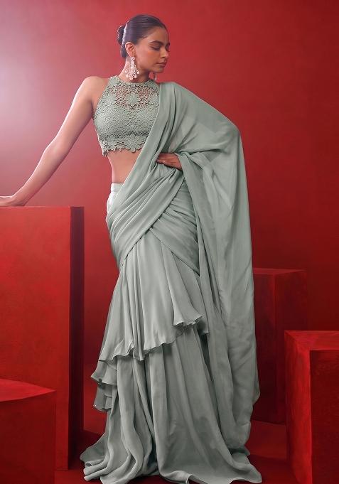 Sage Green Embroidered Pre Draped Saree Set
