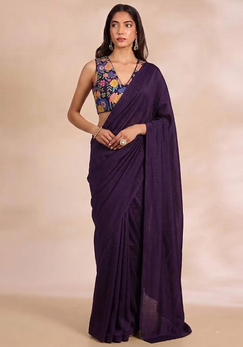 Deep Purple Printed Chinon Pre Draped Saree Set