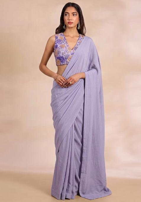 Lilac Printed Chinon Pre Draped Saree Set