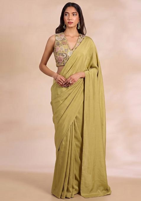 Olive Green Printed Chinon Pre Draped Saree Set