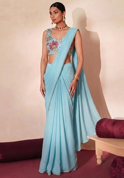 Sky Blue Embroidered Organza Pre Draped Saree Set