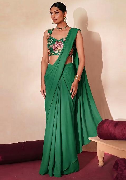 Bottle Green Embroidered Organza Pre Draped Saree Set