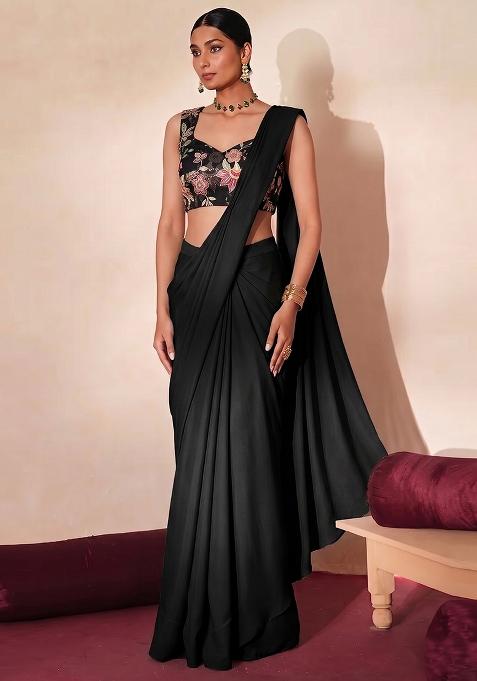Black Embroidered Organza Pre Draped Saree Set