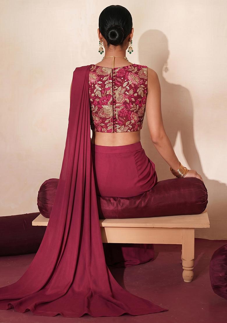 Rani Pink Embroidered Organza Pre Draped Saree Set - Indya