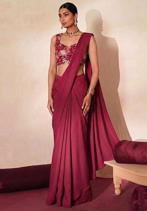 Rani Pink Embroidered Organza Pre Draped Saree Set