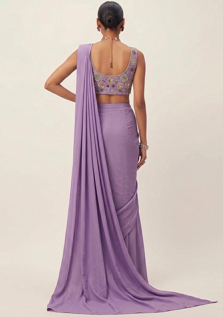 Purple Embroidered Georgette Pre Draped Saree Set - Indya