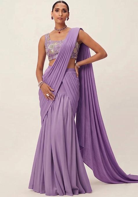 Purple Embroidered Georgette Pre Draped Saree Set