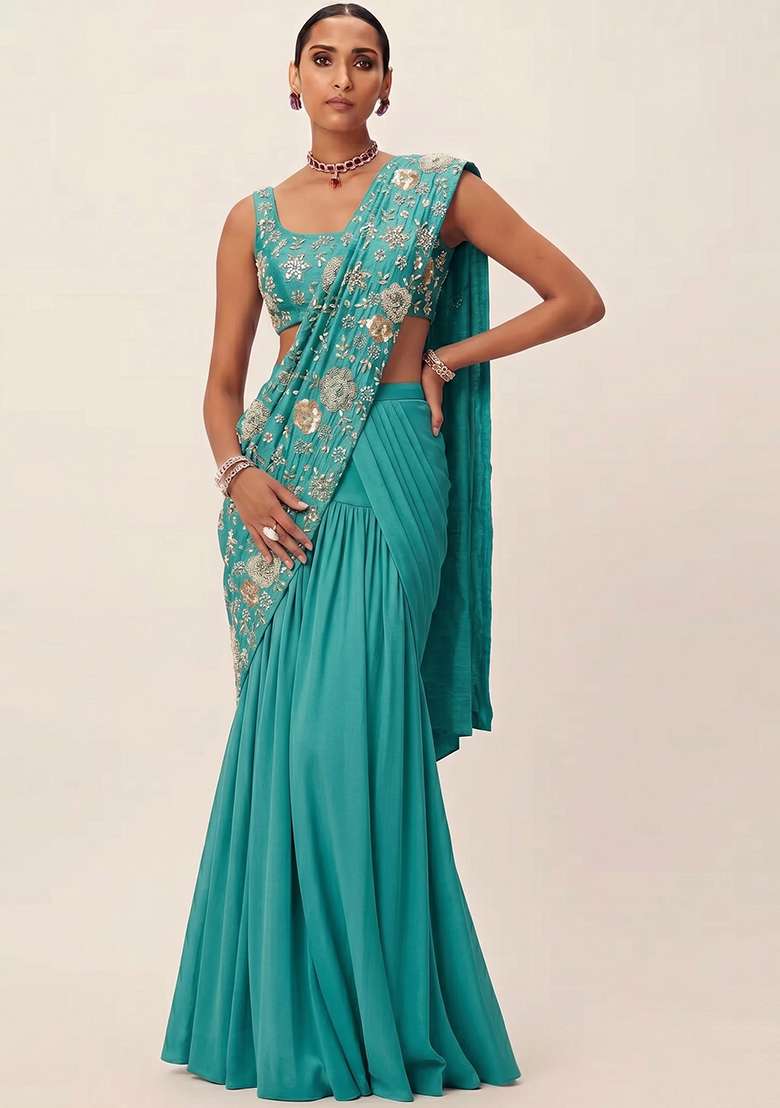 Teal Green Embroidered Georgette Pre Draped Saree Set - Indya