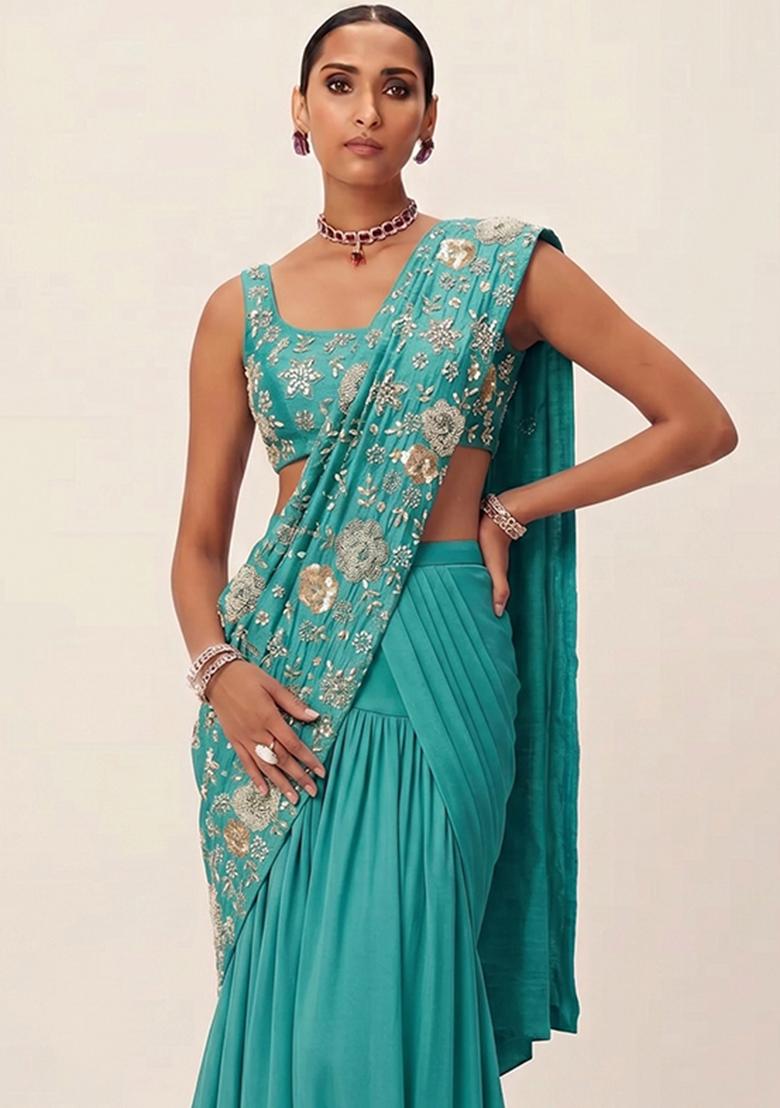 Teal Green Embroidered Georgette Pre Draped Saree Set - Indya