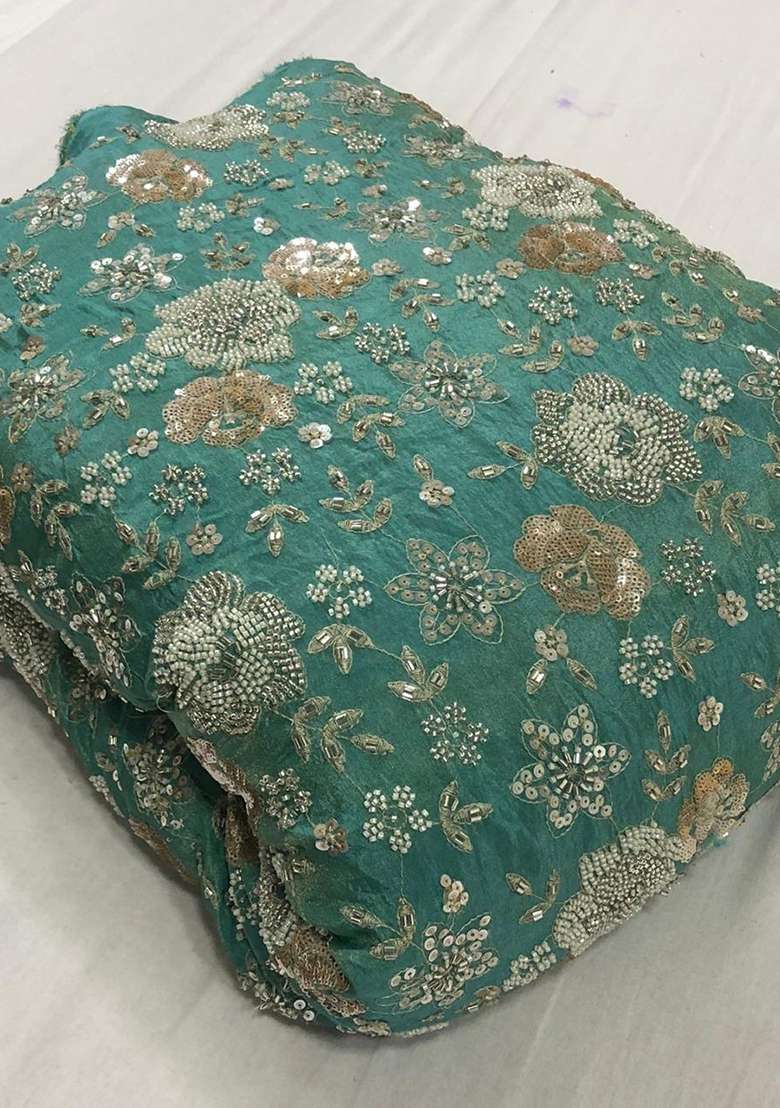 Teal Green Embroidered Georgette Pre Draped Saree Set - Indya