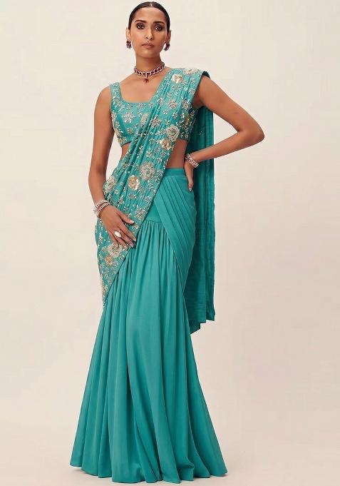 Teal Green Embroidered Georgette Pre Draped Saree Set