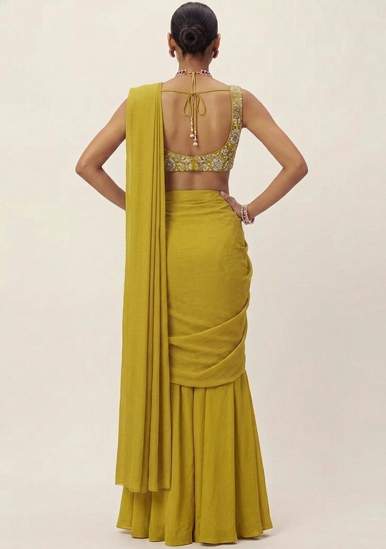 Mustard Embroidered Georgette Pre Draped Saree Set - Indya