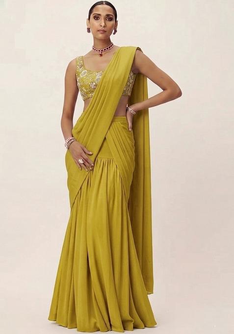 Mustard Embroidered Georgette Pre Draped Saree Set