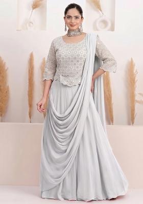 Grey Sequin Georgette Lehenga Set