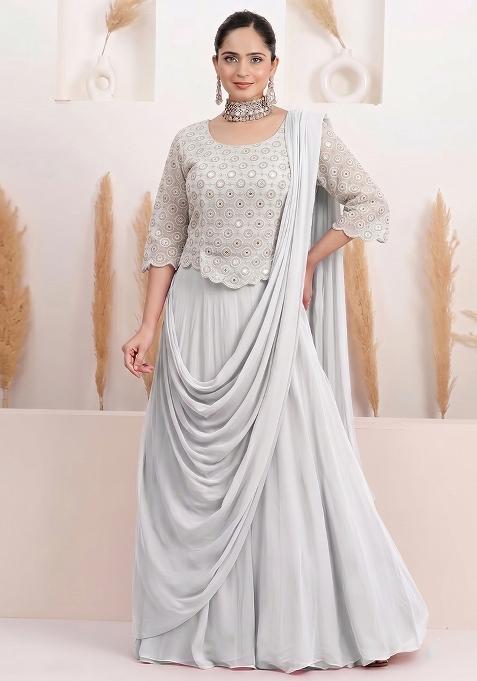 Grey Sequin Georgette Lehenga Set