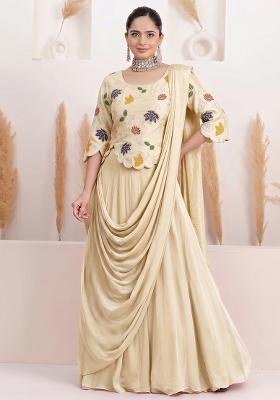 Cream Printed Silk Lehenga Set
