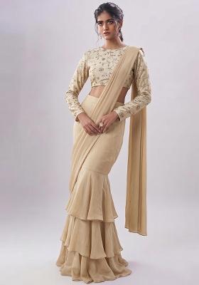 Sand Beige Embroidered Cosmos Pre Draped Saree Set