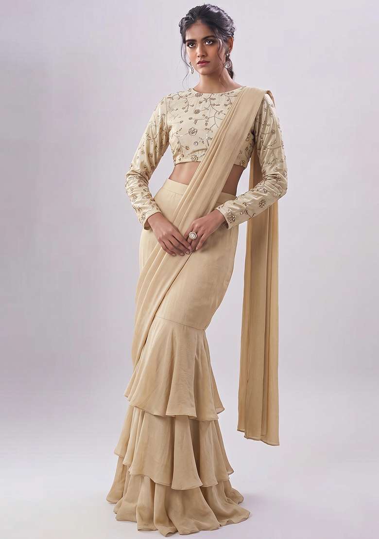 Sand Beige Embroidered Cosmos Pre Draped Saree Set - Indya