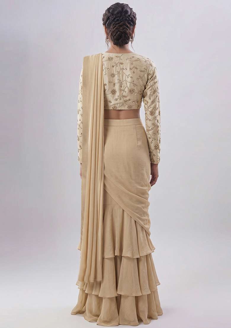 Sand Beige Embroidered Cosmos Pre Draped Saree Set - Indya