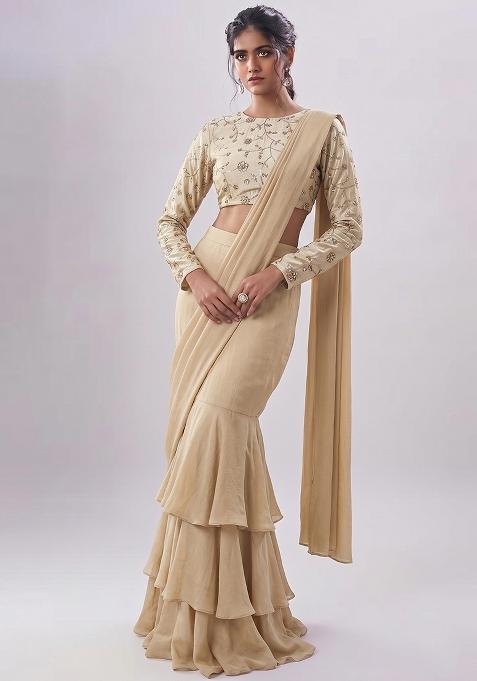 Sand Beige Embroidered Cosmos Pre Draped Saree Set