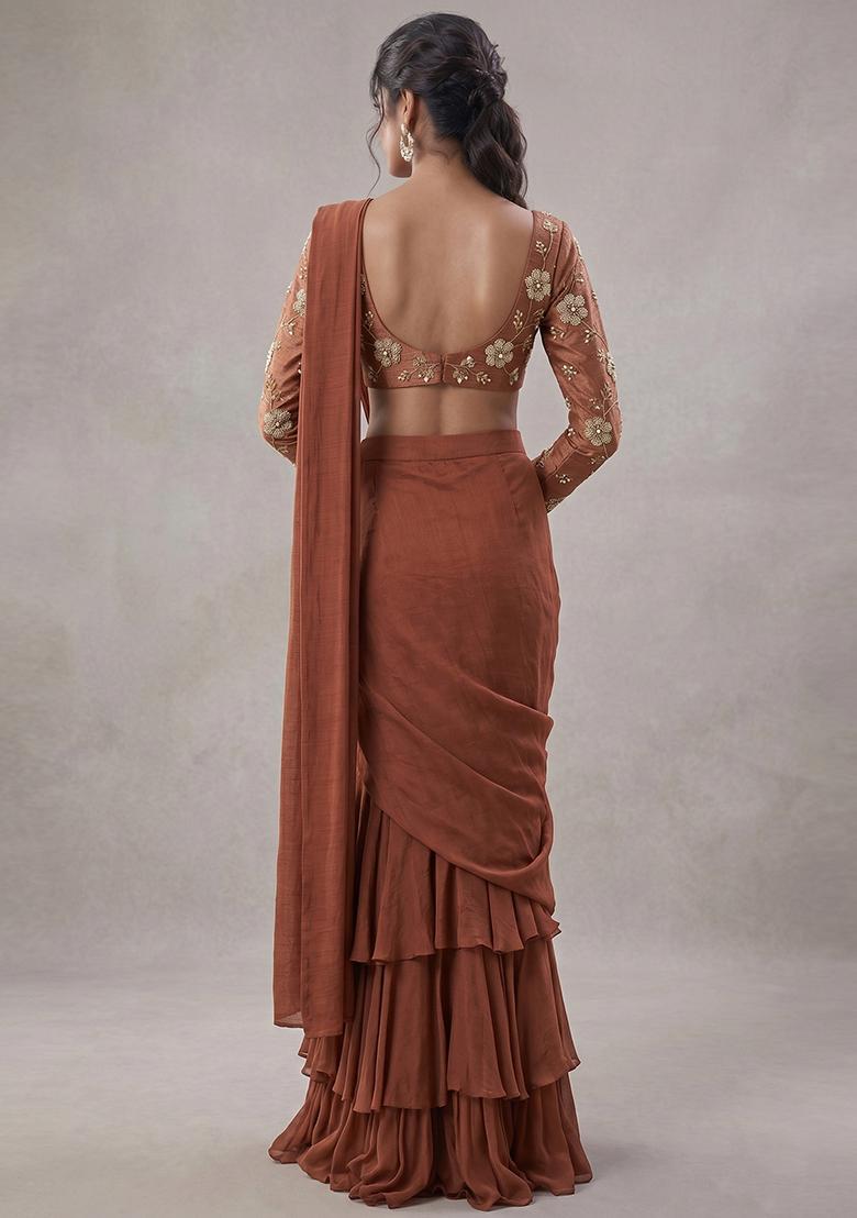 Rust Embroidered Pre Draped Saree Set - Indya