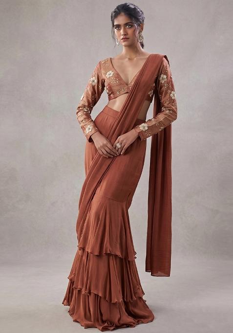 Rust Embroidered Pre Draped Saree Set