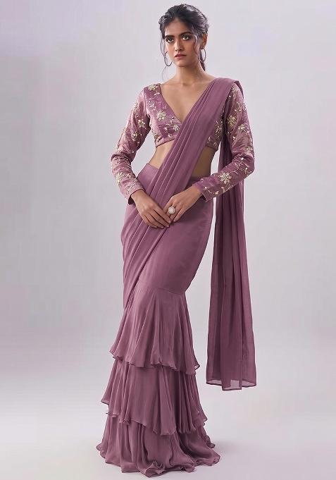 Mauve Embroidered Pre Draped Saree Set