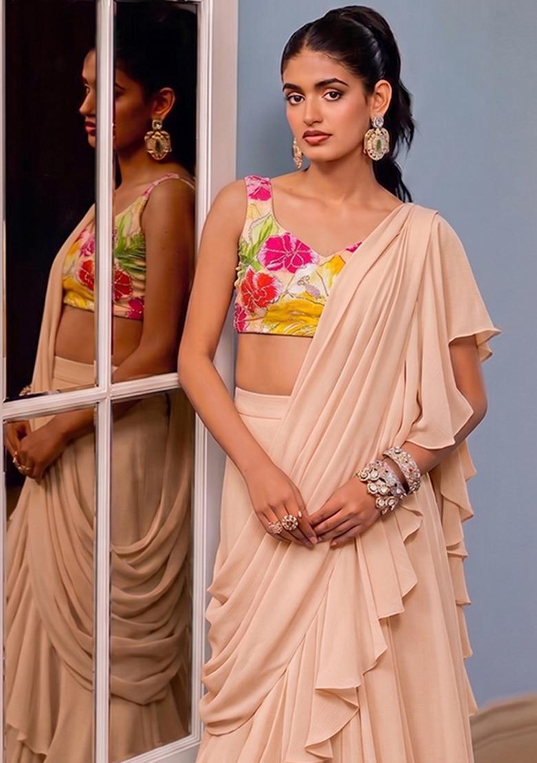 Peach Printed Crepe Pre Draped Saree Set - Indya