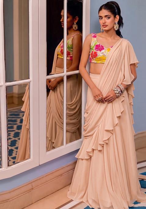 Peach Printed Crepe Pre Draped Saree Set