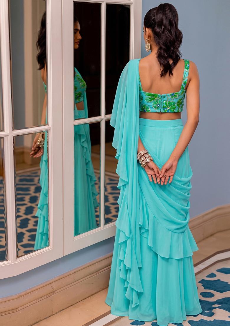 Light Blue Printed Crepe Pre Draped Saree Set - Indya