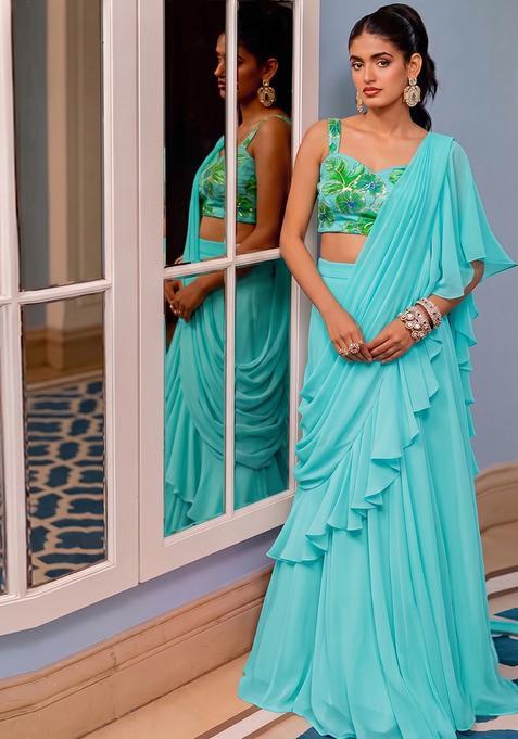 Light Blue Printed Crepe Pre Draped Saree Set