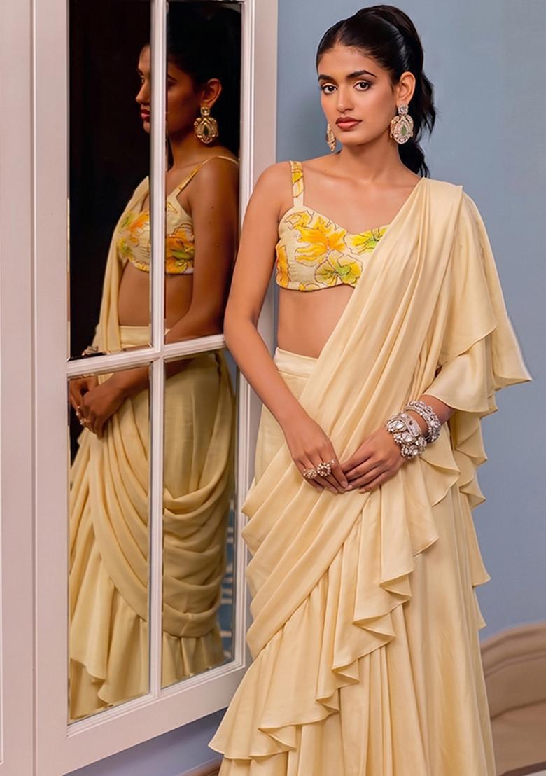 Light Yellow Printed Crepe Pre Draped Saree Set - Indya