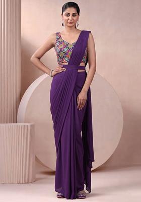 Purple Printed Crepe Pre Draped Saree Set