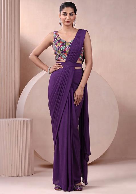 Purple Printed Crepe Pre Draped Saree Set