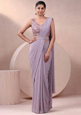 Mauve Printed Crepe Pre Draped Saree Set
