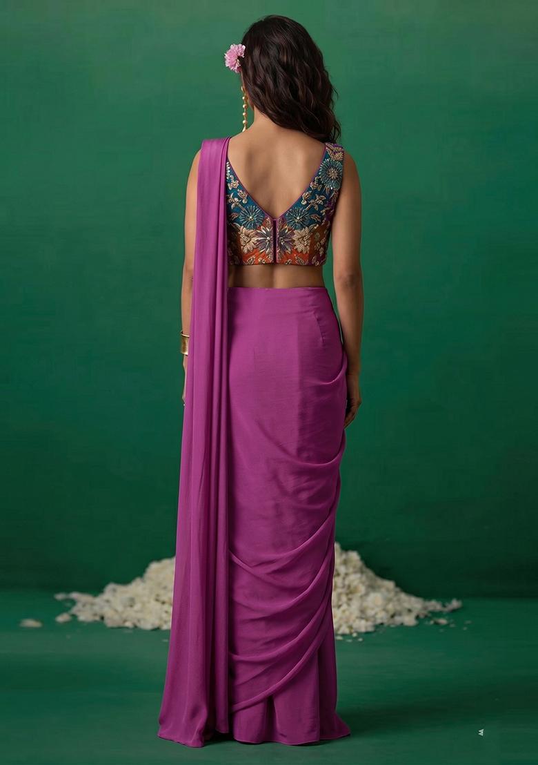 Purple Printed Crepe Pre Draped Saree Set - Indya
