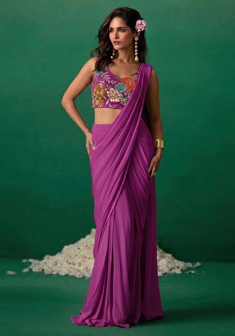 Purple Printed Crepe Pre Draped Saree Set