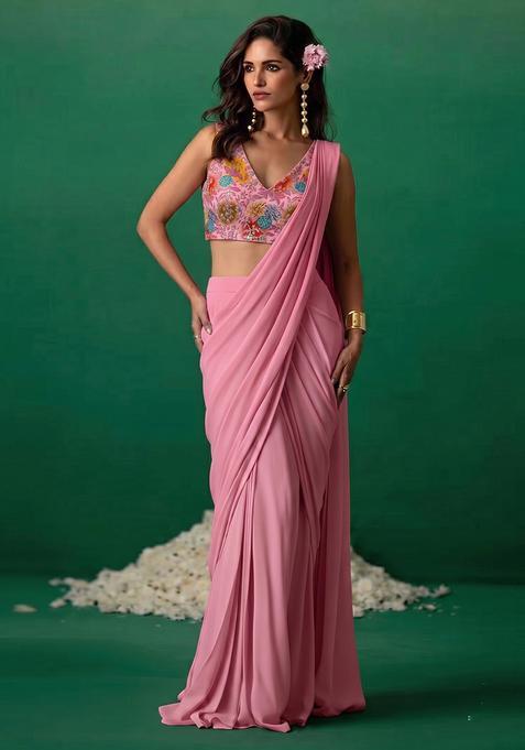 Light Pink Printed Crepe Pre Draped Saree Set
