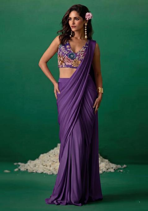 Dark Purple Printed Organza Pre Draped Saree Set