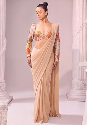 Beige Printed Crepe Pre Draped Saree Set