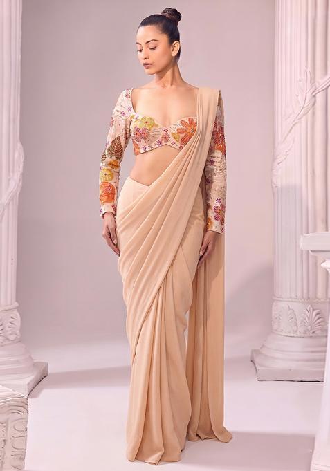 Beige Printed Crepe Pre Draped Saree Set