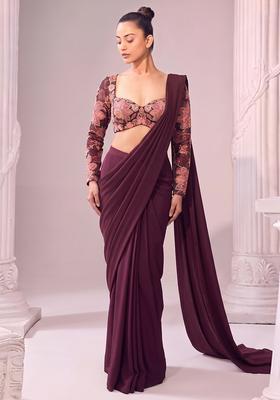 Deep Maroon Printed Organza Pre Draped Saree Set
