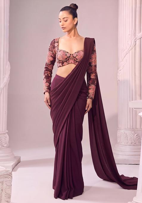 Deep Maroon Printed Organza Pre Draped Saree Set