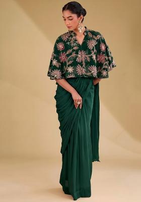 Dark Green Sequin Tissue Pre Draped Saree Set