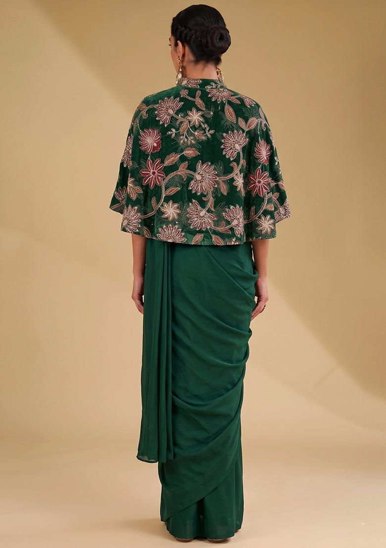 Dark Green Sequin Tissue Pre Draped Saree Set - Indya