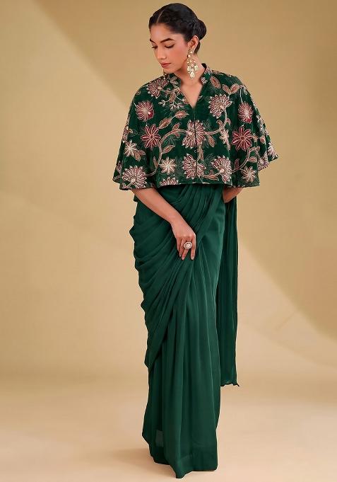 Dark Green Sequin Tissue Pre Draped Saree Set