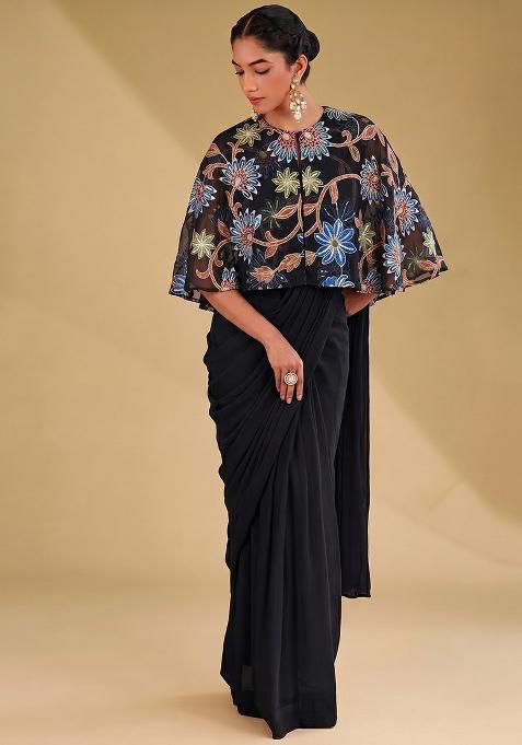 Black Sequin Tissue Pre Draped Saree Set