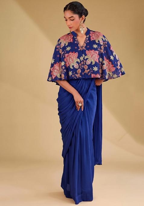 Royal Blue Sequin Tissue Pre Draped Saree Set